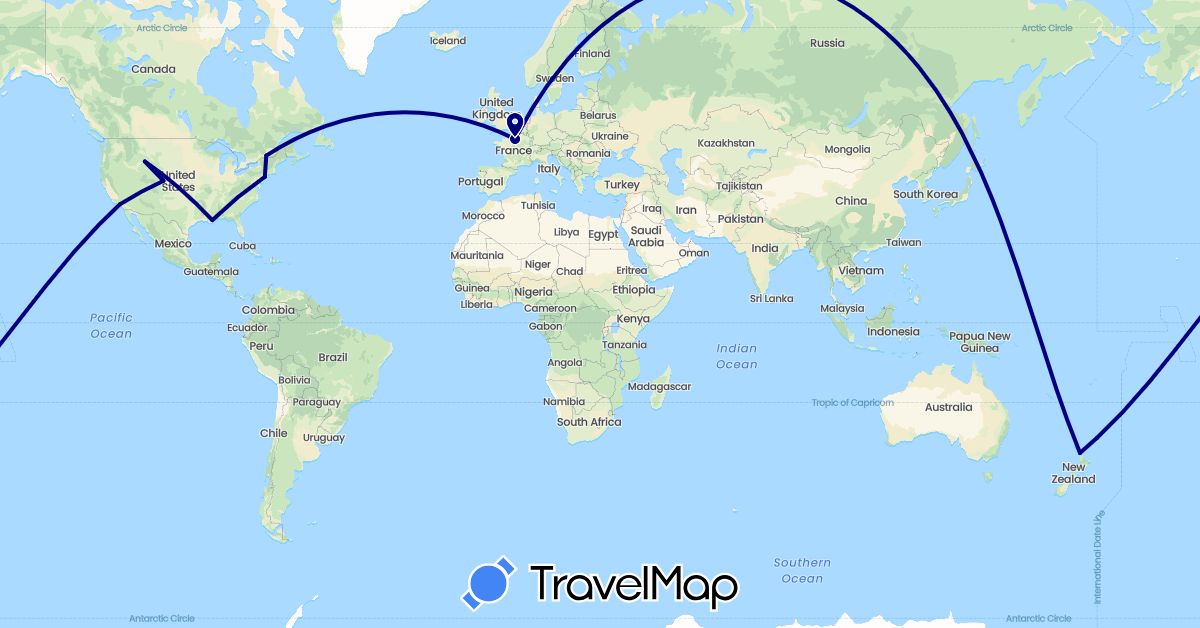 TravelMap itinerary: driving in Canada, France, New Zealand, United States (Europe, North America, Oceania)